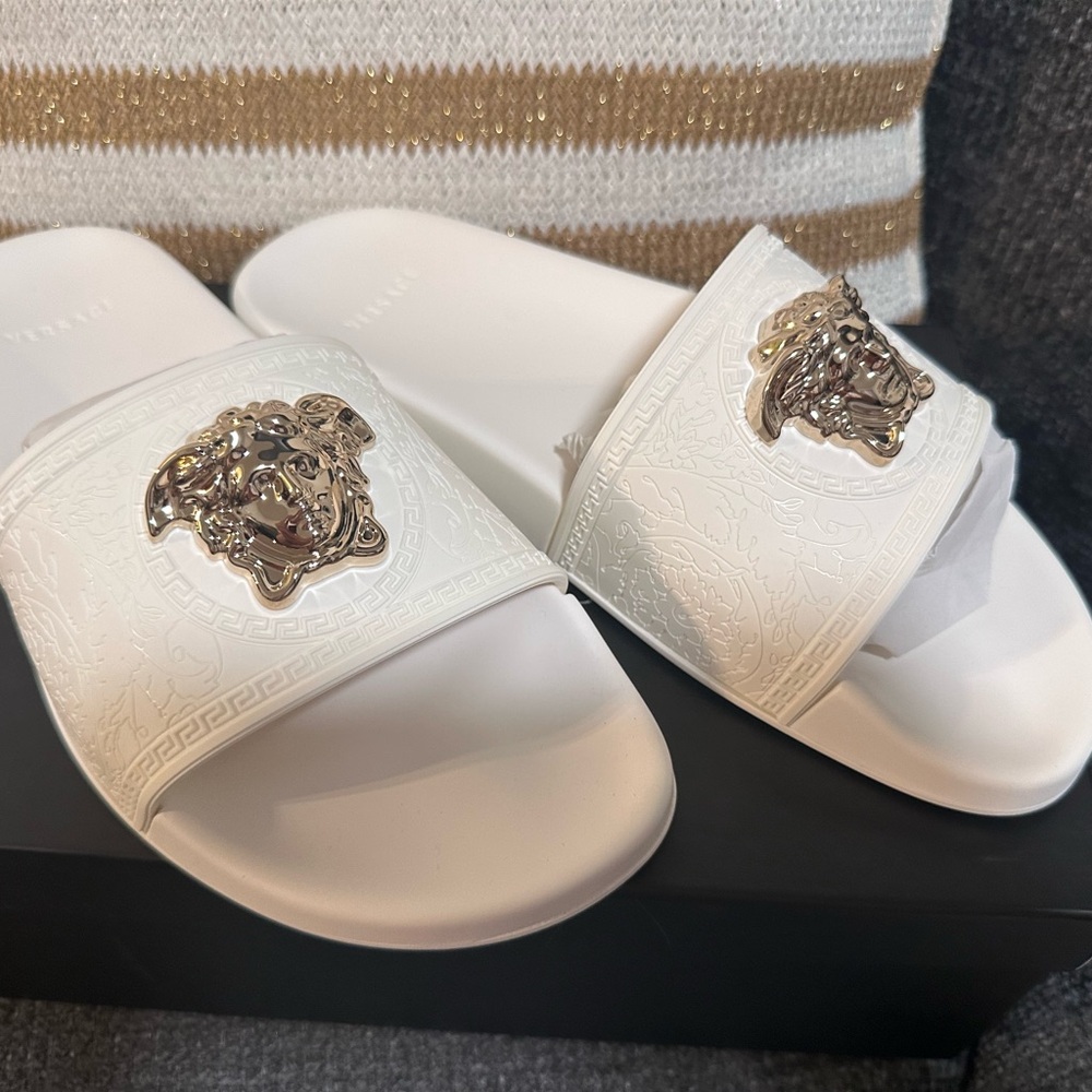 Versace White Embossed Slides - image 2